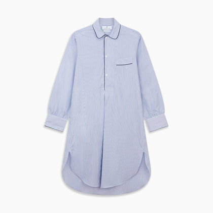 Blue Fine Bengal Stripe Piped Cotton Nightshirt Image 5