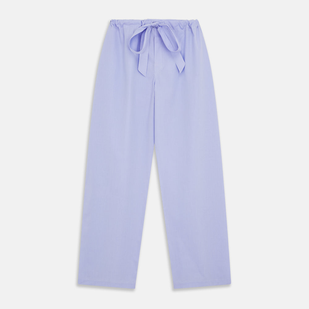 Turnbull & Asser's Blue Fine Check Piped Sea Island Quality Cotton Pyjama Set features white buttons, black piping on the collar, cuffs, and pocket, with matching drawstring pants—displayed flat on a white background.