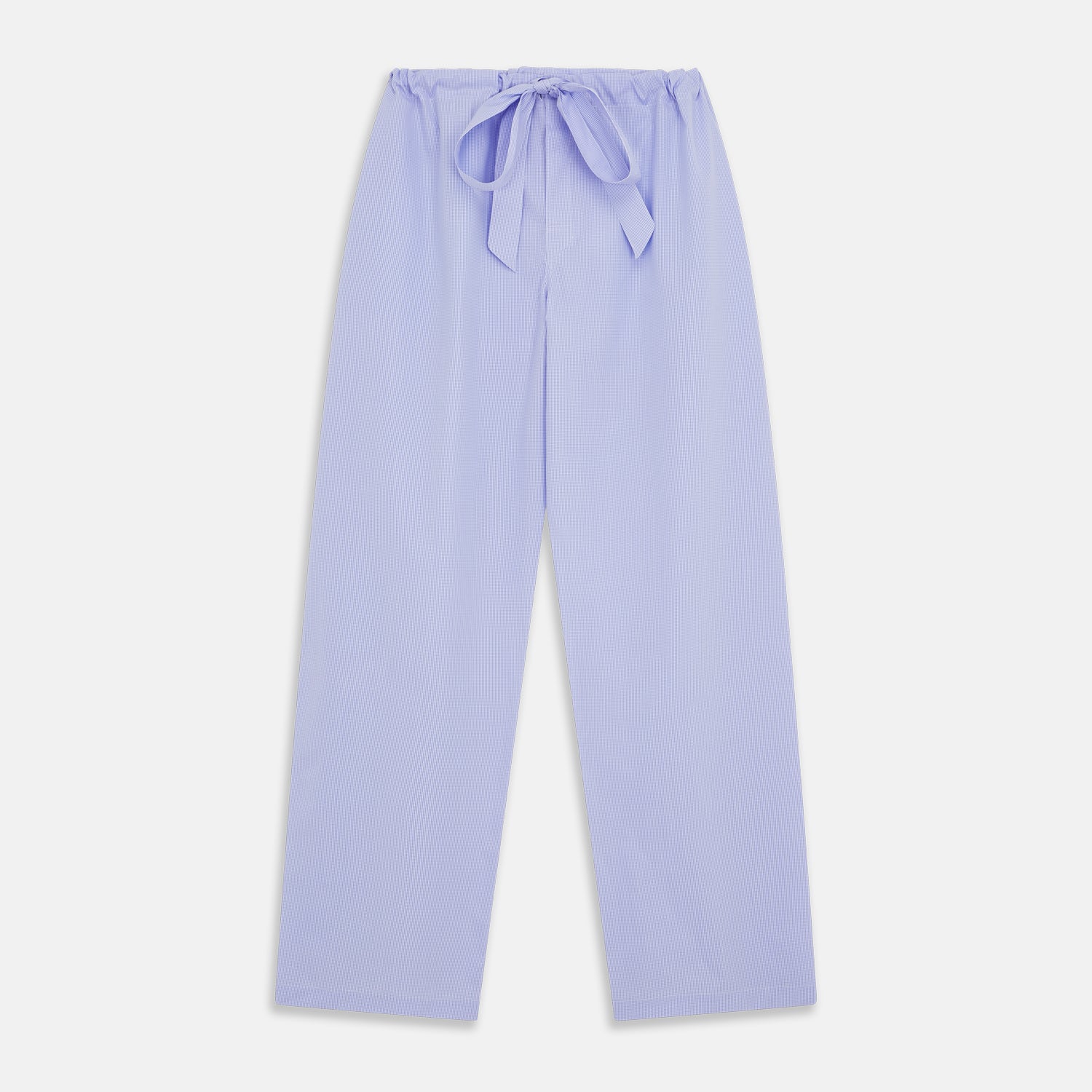 View 4 of product Turnbull & Asser's Blue Fine Check Piped Sea Island Quality Cotton Pyjama Set features white buttons, black piping on the collar, cuffs, and pocket, with matching drawstring pants—displayed flat on a white background.