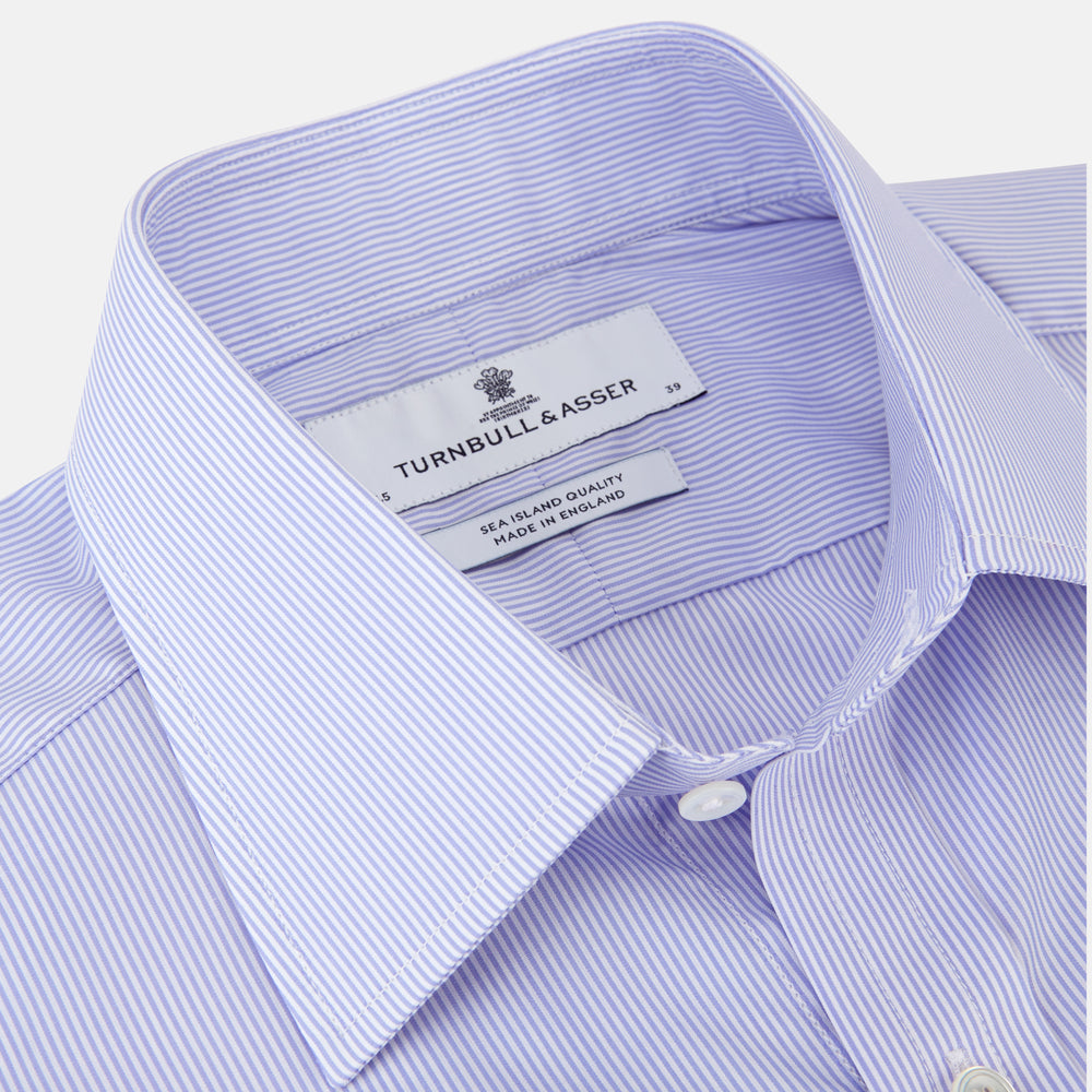 Turnbull & Asser Blue and White Fine Bengal Stripe Sea Island Quality Cotton Shirt featuring a T&A collar and double cuffs, crafted from premium Egyptian cotton.