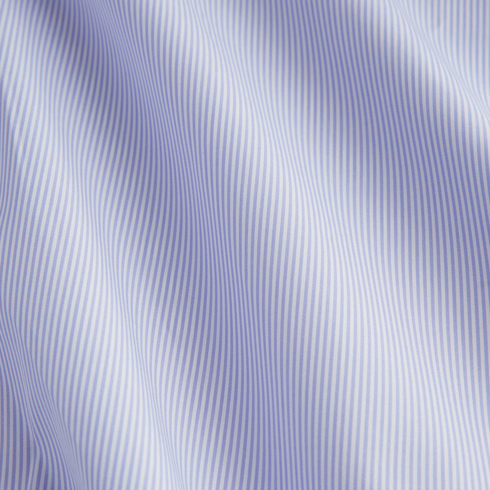 Turnbull & Asser Blue and White Fine Bengal Stripe Sea Island Quality Cotton Shirt featuring a T&A collar and double cuffs, crafted from premium Egyptian cotton.