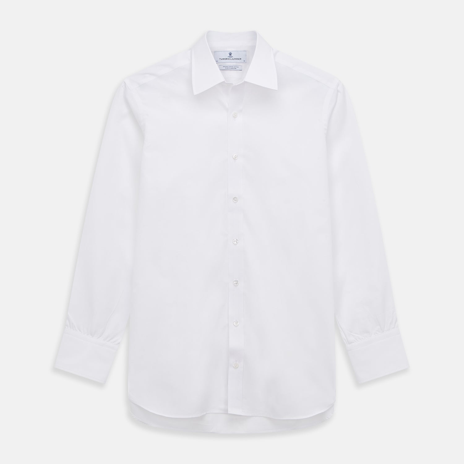 View 1 of product The Turnbull & Asser White Organic Cotton Regular Fit Mayfair Shirt features long sleeves, a classic collar, and button-down front, shown laid flat against a white background.