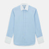 View 1 of product Turnbull & Asser Light Blue End-on-End Shirt features a contrast T&A white collar, double cuffs, long sleeves, and button-down front. Displayed on a plain white background.