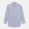 View 1 of product The Light Blue Track Stripe Mayfair Shirt by Turnbull & Asser is a long-sleeve button-up with thin white stripes, pointed collar, and buttoned cuffs. Expertly crafted from Egyptian cotton, it's shown laid flat on a white background.