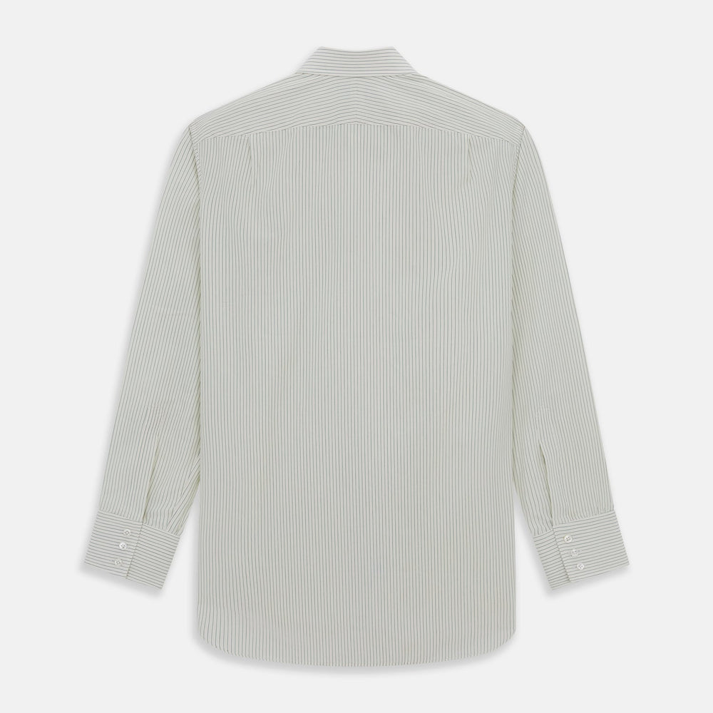 The Turnbull & Asser Dark Green Pinstripe Mayfair Shirt is a long-sleeve, button-up with a classic collar, crafted from organic cotton and featuring thin vertical white and dark green stripes, shown flat on a white background.