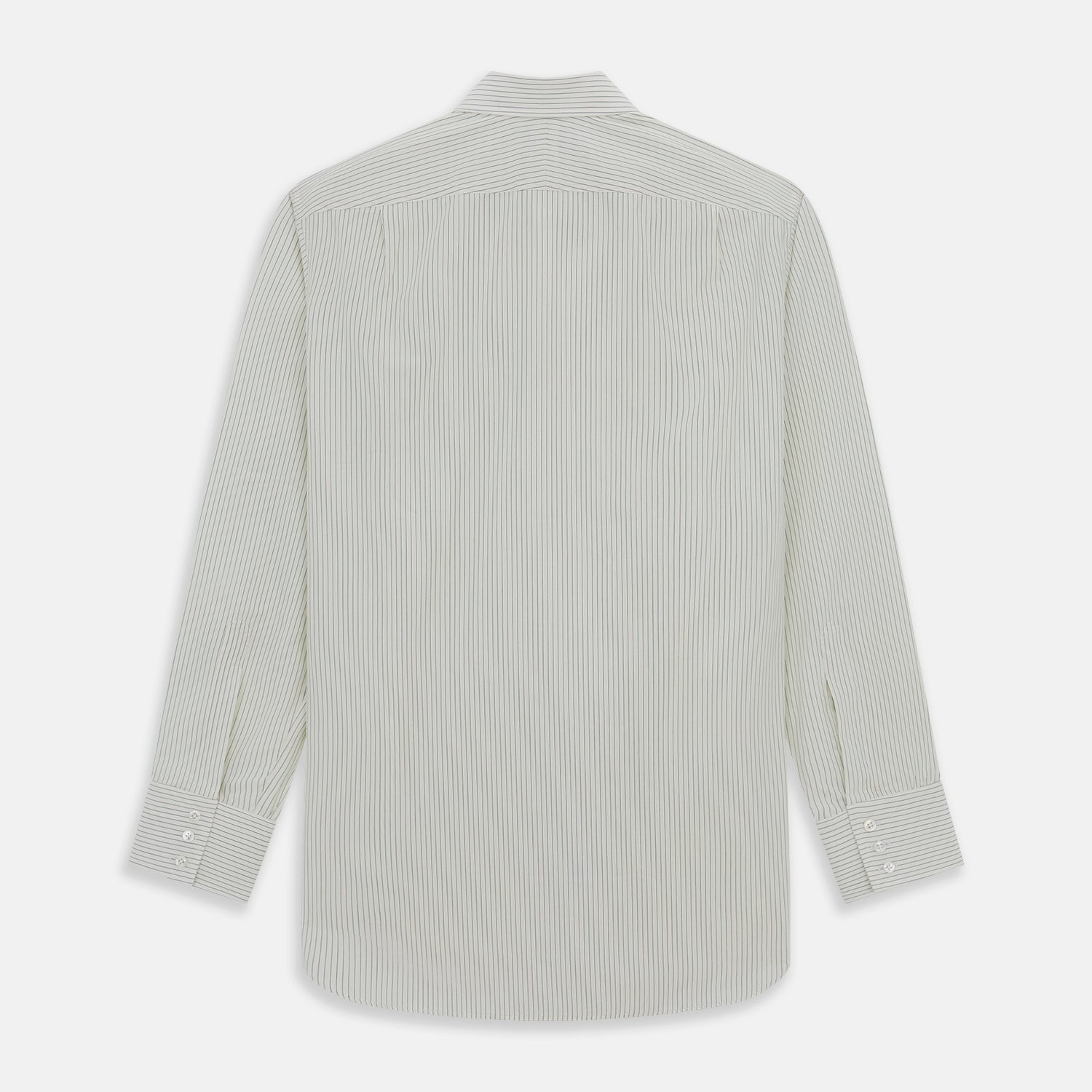 View 5 of product The Turnbull & Asser Dark Green Pinstripe Mayfair Shirt is a long-sleeve, button-up with a classic collar, crafted from organic cotton and featuring thin vertical white and dark green stripes, shown flat on a white background.
