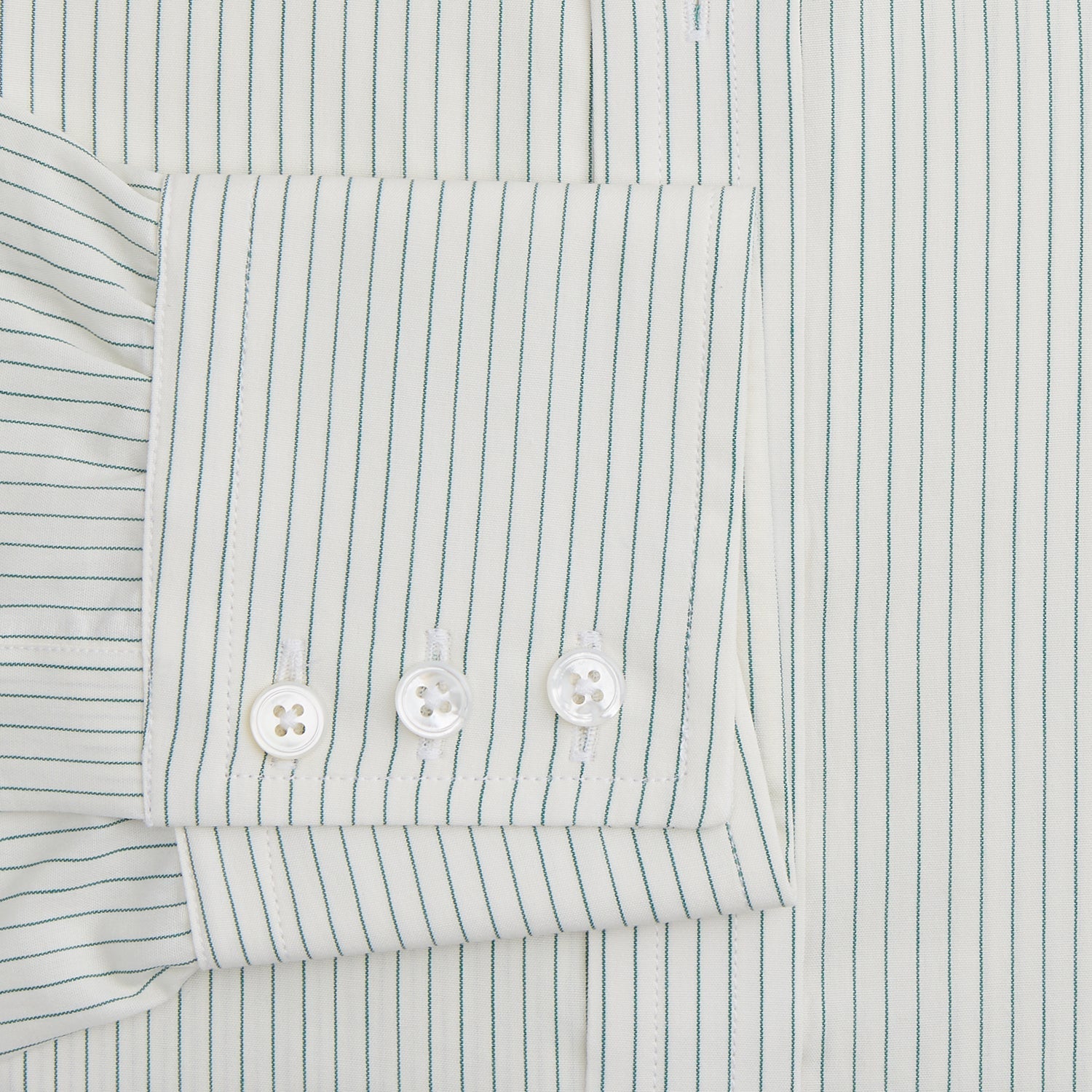 View 3 of product The Turnbull & Asser Dark Green Pinstripe Mayfair Shirt is a long-sleeve, button-up with a classic collar, crafted from organic cotton and featuring thin vertical white and dark green stripes, shown flat on a white background.