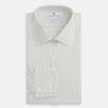 View 4 of product The Turnbull & Asser Dark Green Pinstripe Mayfair Shirt is a long-sleeve, button-up with a classic collar, crafted from organic cotton and featuring thin vertical white and dark green stripes, shown flat on a white background.