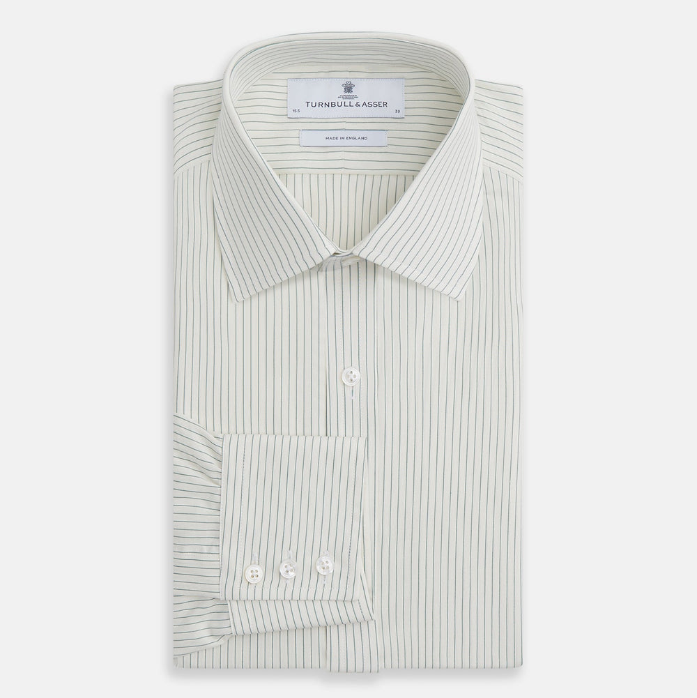 The Turnbull & Asser Dark Green Pinstripe Mayfair Shirt is a long-sleeve, button-up with a classic collar, crafted from organic cotton and featuring thin vertical white and dark green stripes, shown flat on a white background.