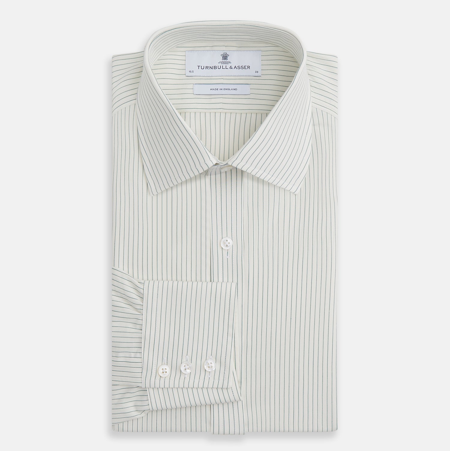 View 4 of product The Turnbull & Asser Dark Green Pinstripe Mayfair Shirt is a long-sleeve, button-up with a classic collar, crafted from organic cotton and featuring thin vertical white and dark green stripes, shown flat on a white background.