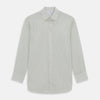 View 1 of product The Turnbull & Asser Dark Green Pinstripe Mayfair Shirt is a long-sleeve, button-up with a classic collar, crafted from organic cotton and featuring thin vertical white and dark green stripes, shown flat on a white background.