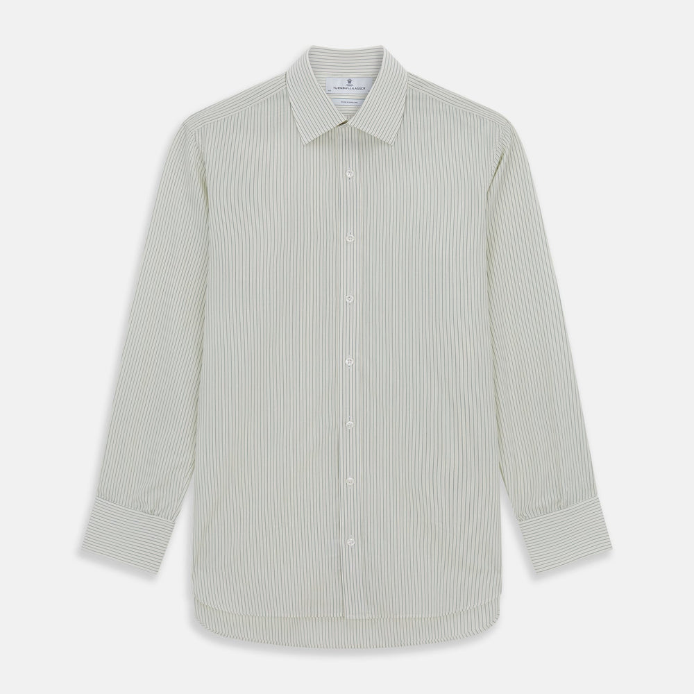 The Turnbull & Asser Dark Green Pinstripe Mayfair Shirt is a long-sleeve, button-up with a classic collar, crafted from organic cotton and featuring thin vertical white and dark green stripes, shown flat on a white background.