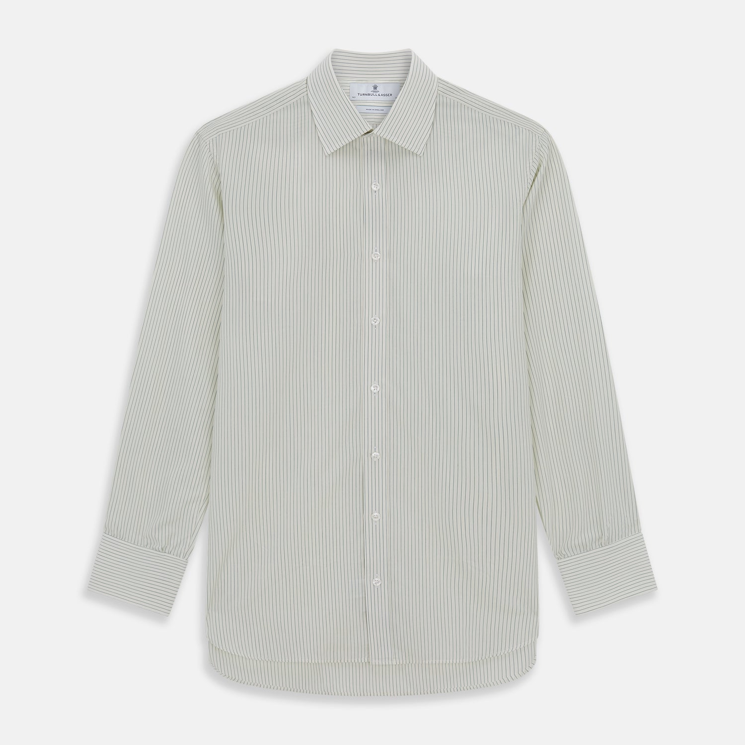 View 1 of product The Turnbull & Asser Dark Green Pinstripe Mayfair Shirt is a long-sleeve, button-up with a classic collar, crafted from organic cotton and featuring thin vertical white and dark green stripes, shown flat on a white background.