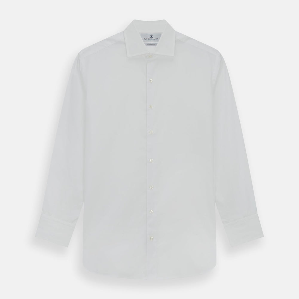 The Turnbull & Asser Tailored Fit Plain White Cotton Shirt features a Kent collar and 3-button cuffs, showcased against a plain white background.