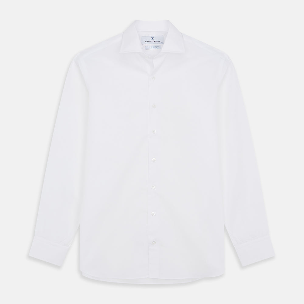 The Turnbull & Asser White Organic Cotton Tailored Fit Hove Shirt is a classic long-sleeve dress shirt with a button-down front and collar, crafted from soft organic cotton and shown on a white background.