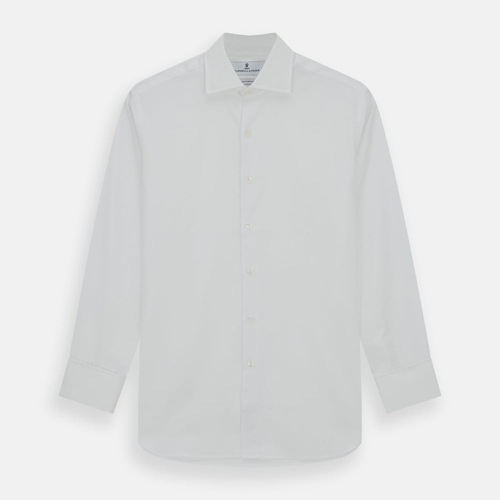 Turnbull & Asser's Tailored Fit Plain White Cotton Shirt features a Kent collar and double cuffs, shown on a white background.