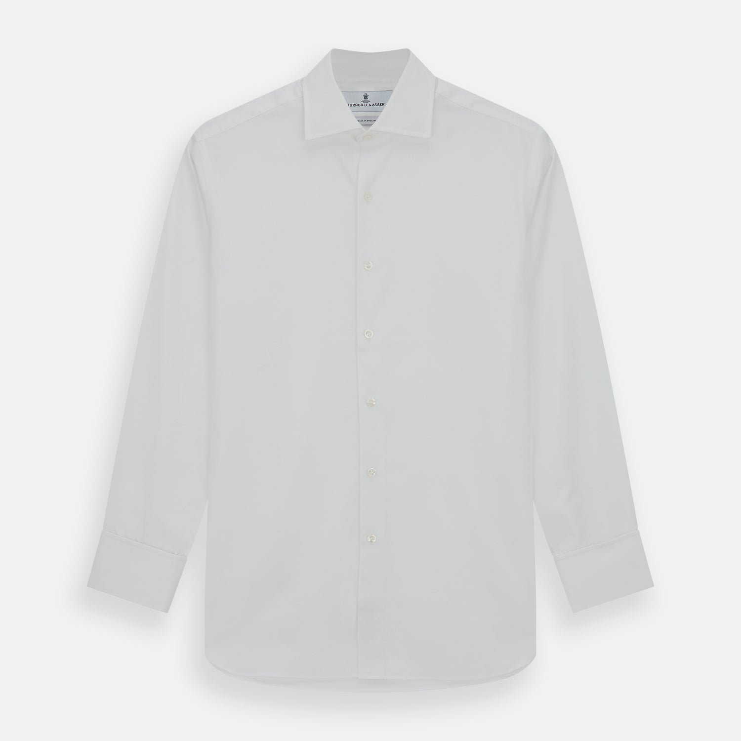 View 1 of product Turnbull & Asser's Tailored Fit Plain White Cotton Shirt features a Kent collar and double cuffs, shown on a white background.