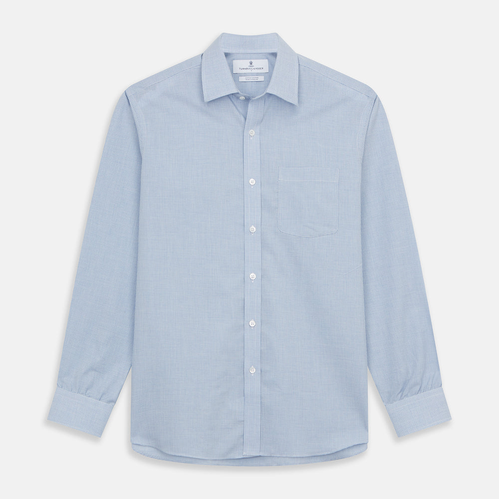 The Blue Weekend Fit Cotton-Cashmere Finch Shirt by Turnbull & Asser features a derby collar, chest pocket, and long sleeves—ideal for casual style from the Weekend Fit collection. Laid flat on white; comfortable and refined.