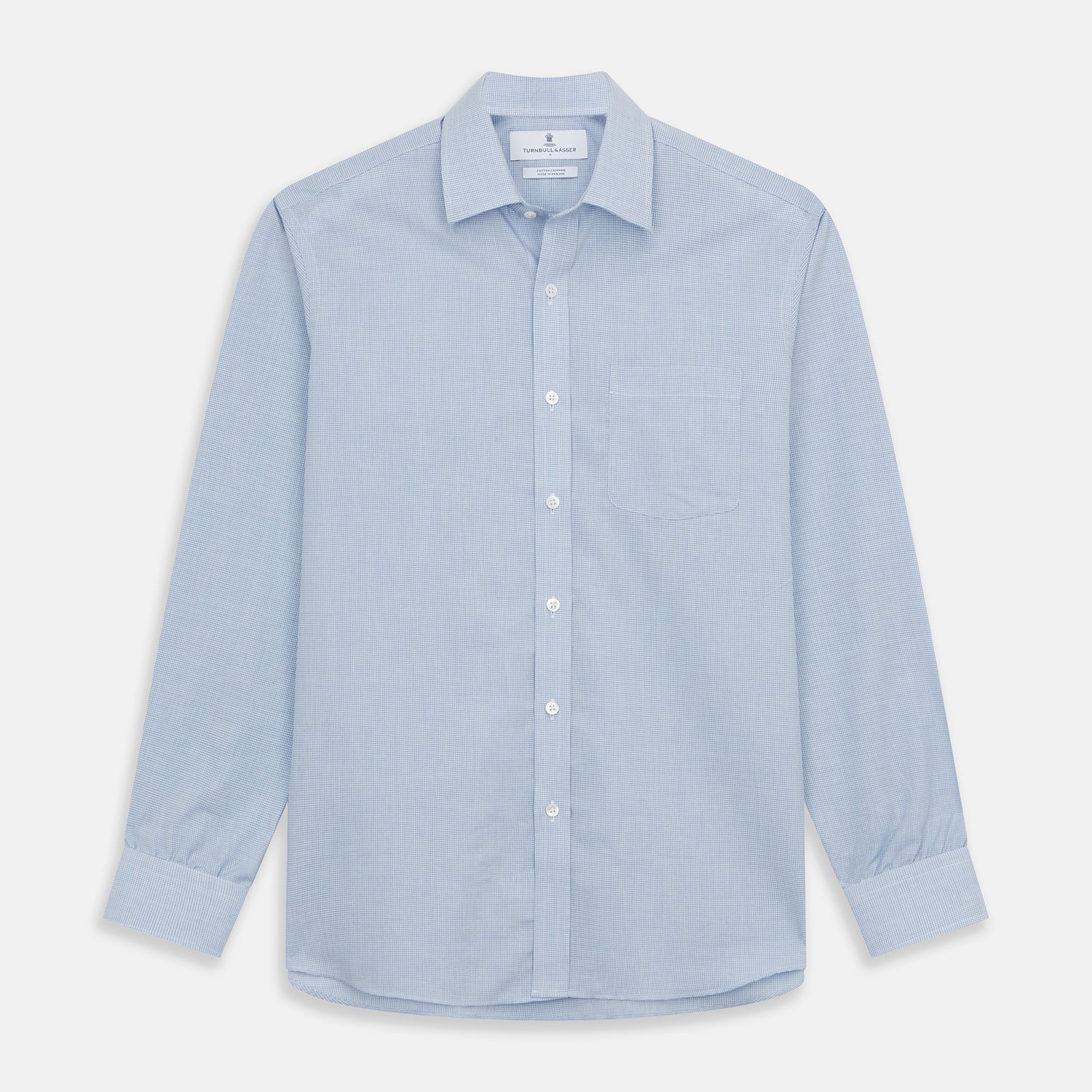 View 1 of product The Blue Weekend Fit Cotton-Cashmere Finch Shirt by Turnbull & Asser features a derby collar, chest pocket, and long sleeves—ideal for casual style from the Weekend Fit collection. Laid flat on white; comfortable and refined.