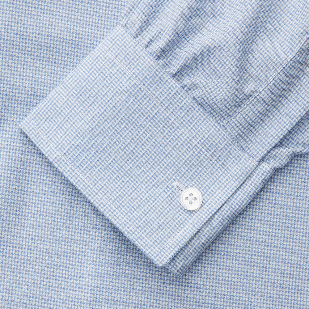 The Blue Weekend Fit Cotton-Cashmere Finch Shirt by Turnbull & Asser features a derby collar, chest pocket, and long sleeves—ideal for casual style from the Weekend Fit collection. Laid flat on white; comfortable and refined.