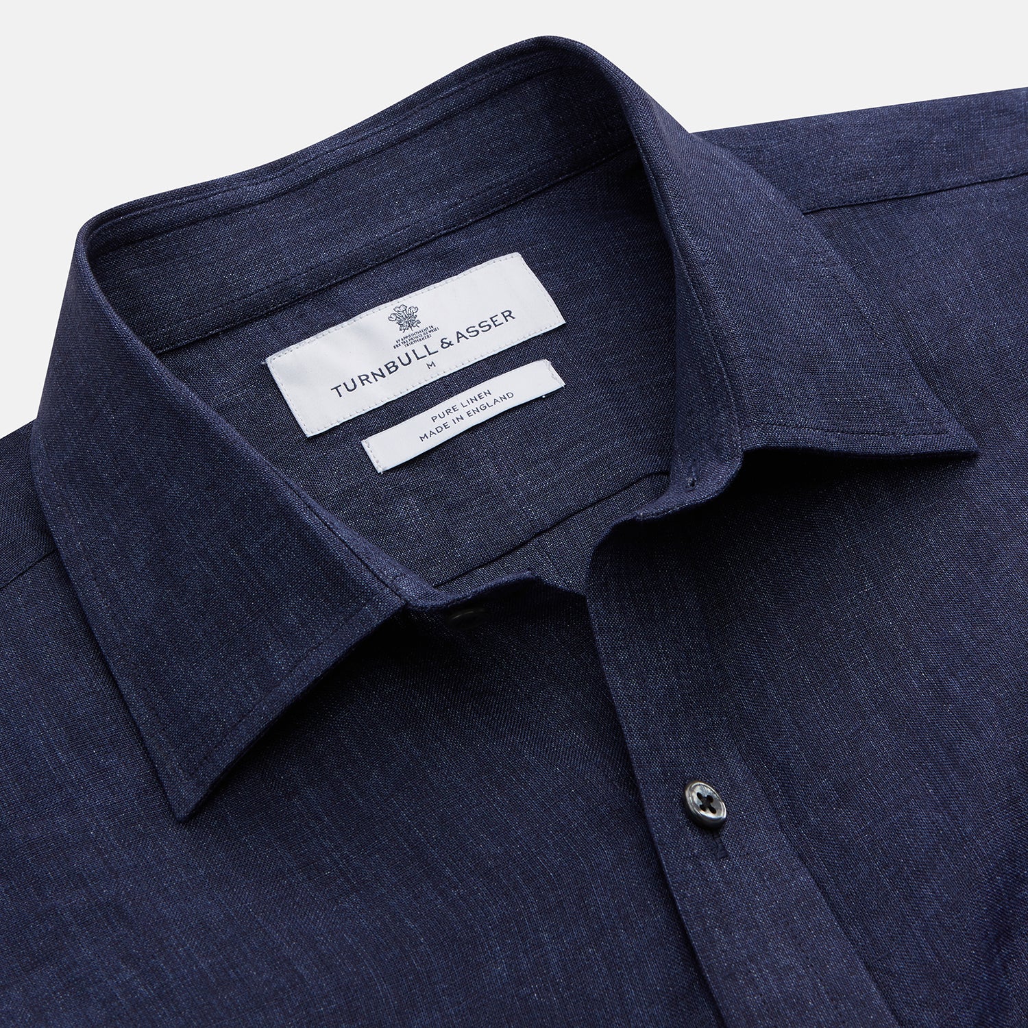 View 2 of product The Turnbull & Asser Navy Weekend Fit Linen Finch Shirt features a Derby collar and chest pocket, crafted from dark blue linen—ideal for casual style or adding to your weekend shirts rotation.