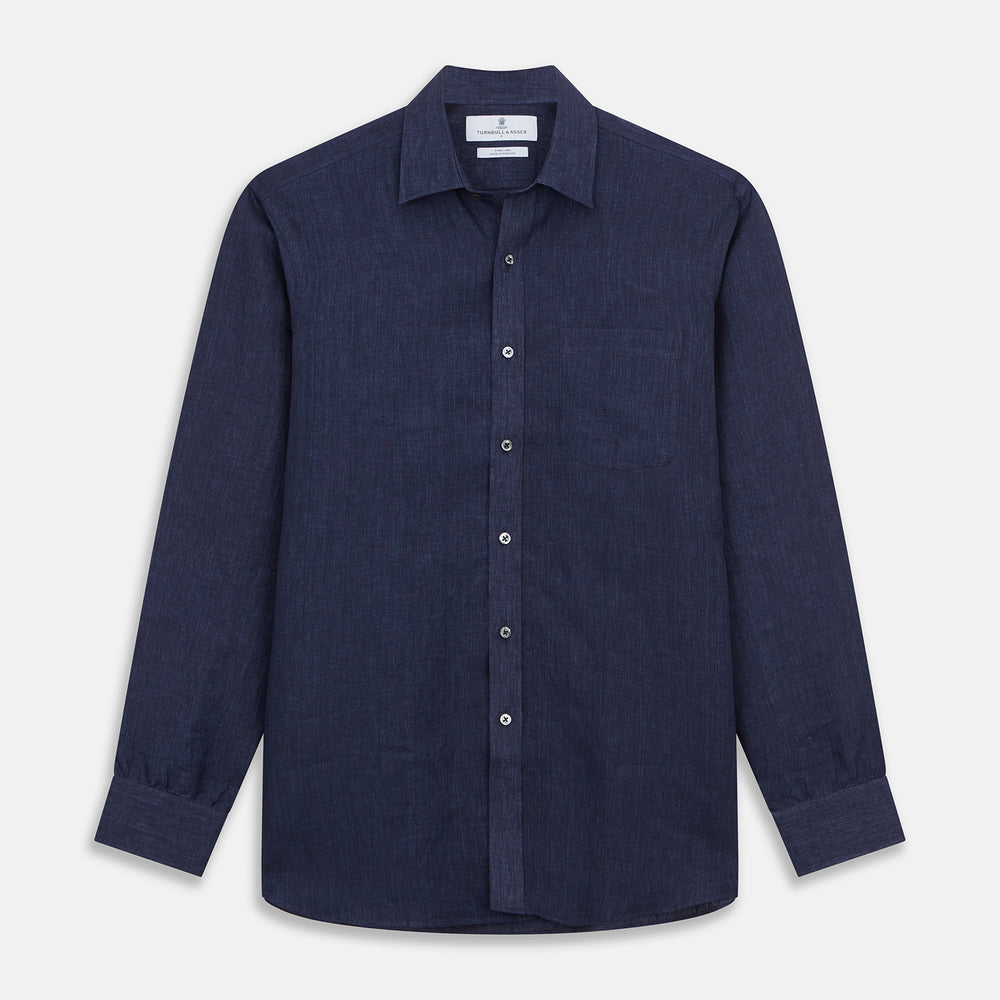 Navy Weekend Fit Linen Finch Shirt With Derby Collar And Chest Pocket