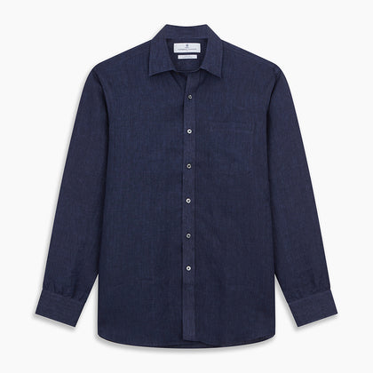 Navy Weekend Fit Linen Finch Shirt With Derby Collar And Chest Pocket Image 5