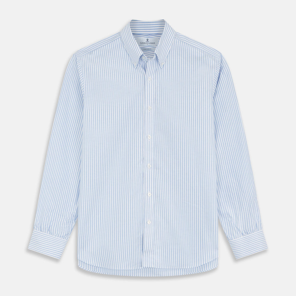 The Turnbull & Asser Pale Blue Stripe Weekend Fit Hayne Shirt features a Dorset collar, 1-button cuffs, and is displayed flat on a white background—ideal for those seeking our relaxed Weekend Fit style.