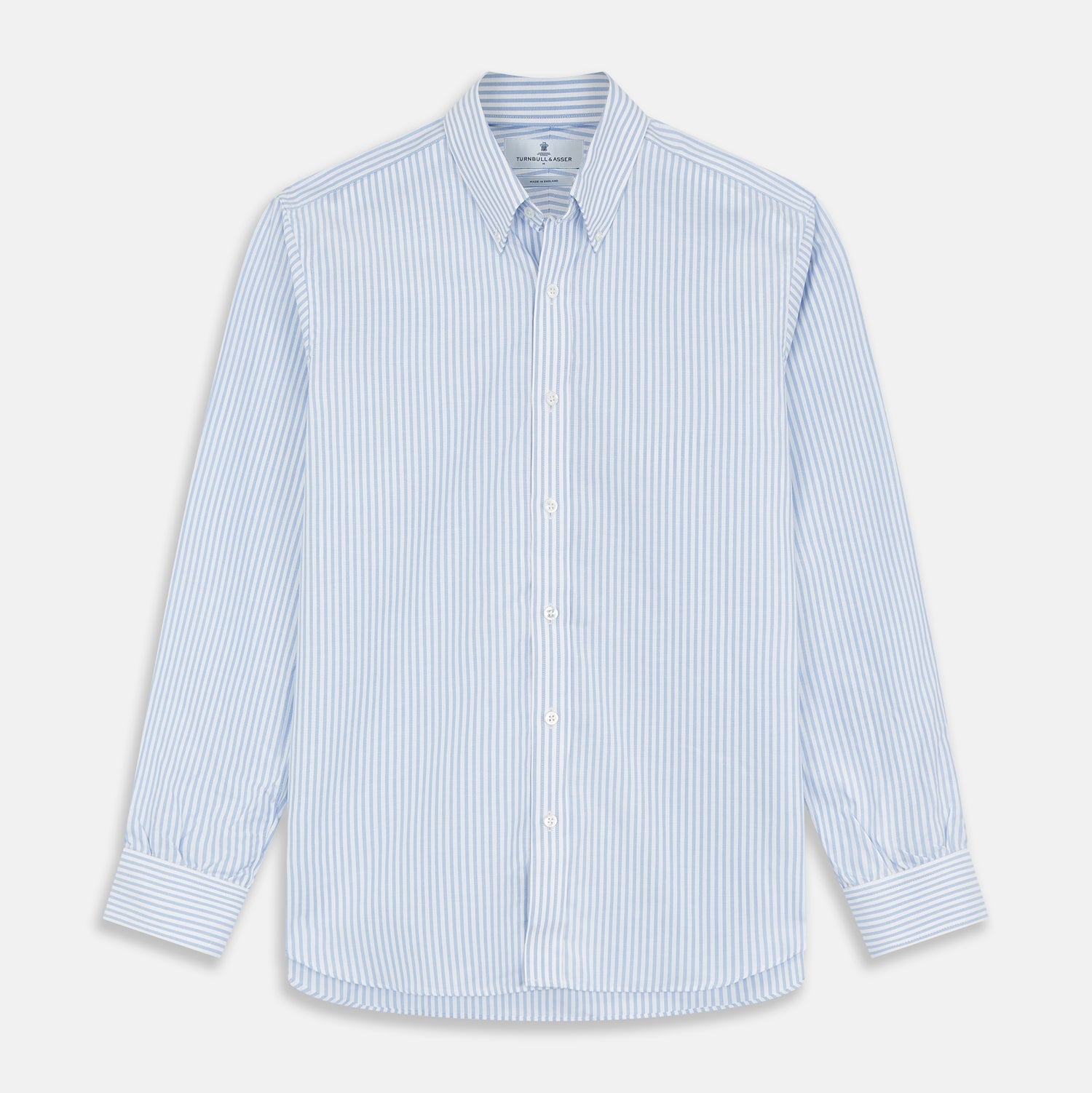 View 1 of product The Turnbull & Asser Pale Blue Stripe Weekend Fit Hayne Shirt features a Dorset collar, 1-button cuffs, and is displayed flat on a white background—ideal for those seeking our relaxed Weekend Fit style.