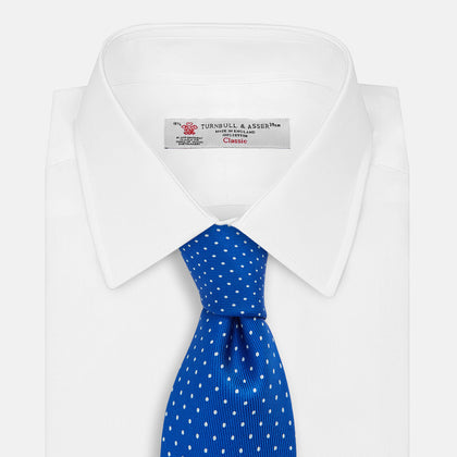 Long Blue and White Small Spot Printed Silk Tie