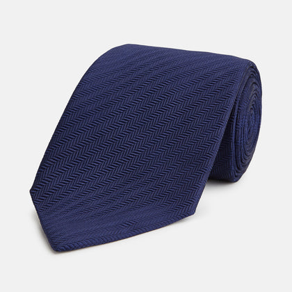 Long Navy Herringbone Silk Tie
