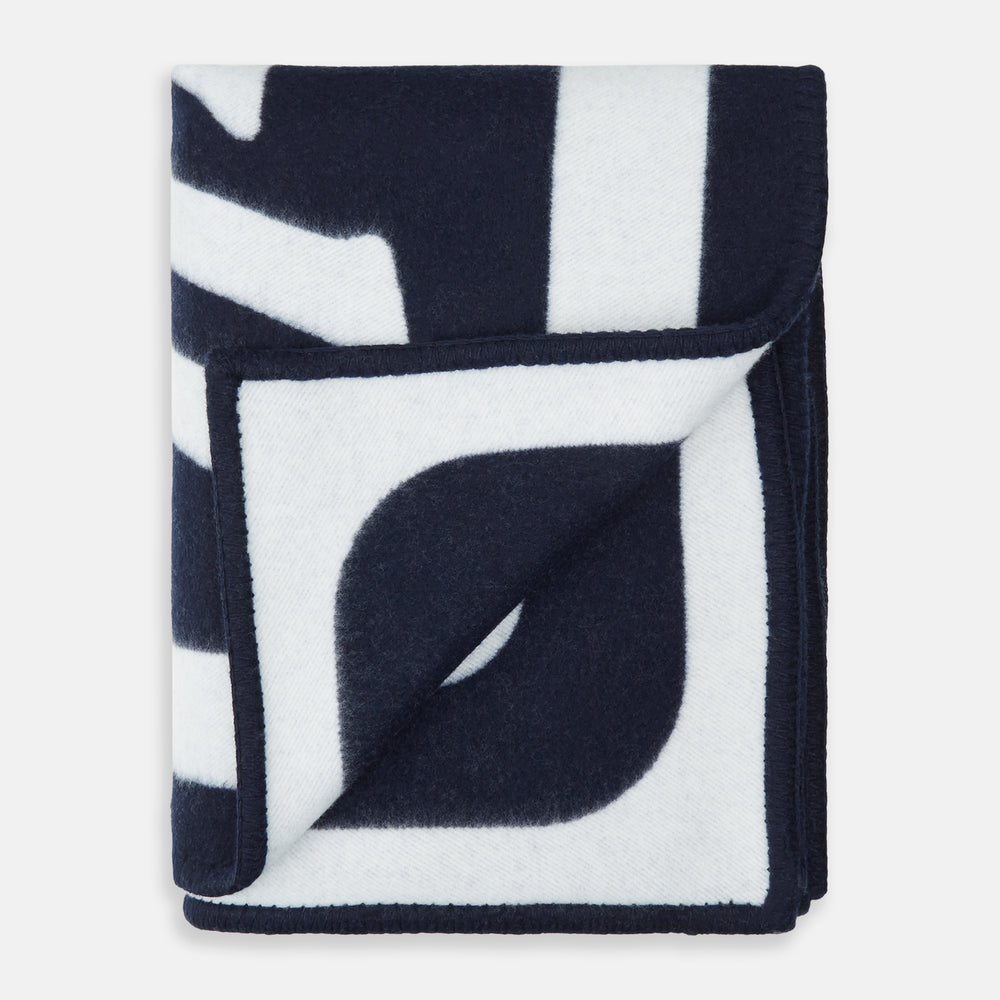 Cream and Navy Jermyn St. Lambswool and Cashmere Woven Blanket