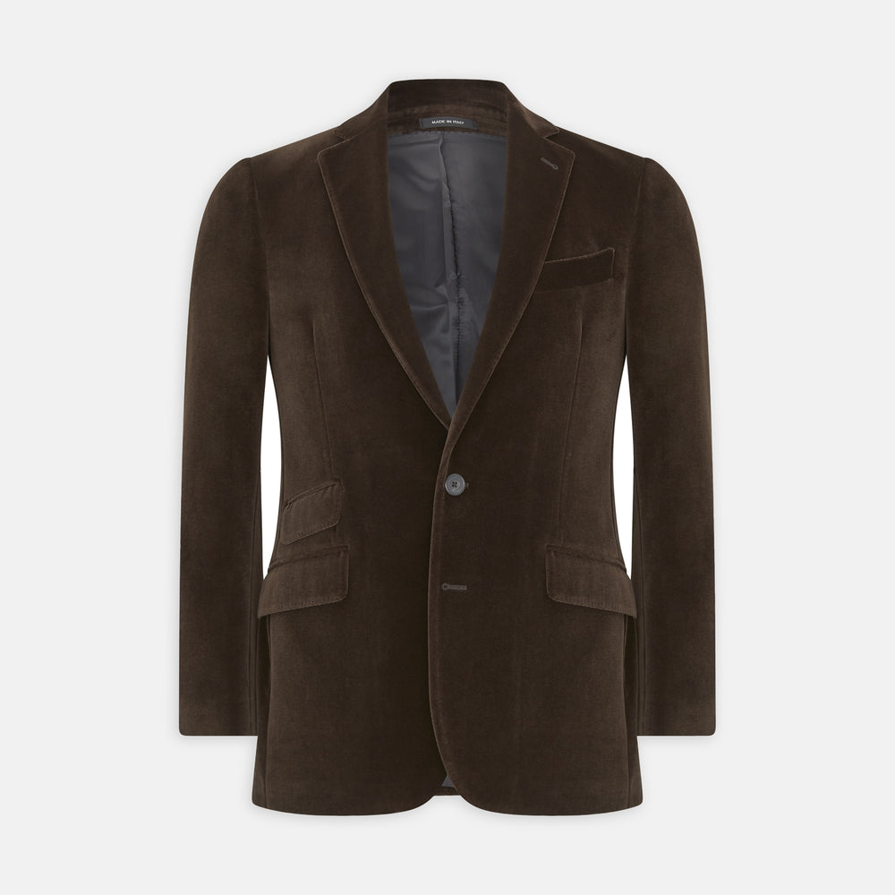 The Turnbull & Asser Brown Velvet Jacket for men features a notched lapel, two buttons, flap pockets, and a chest pocket, shown against a plain white background.