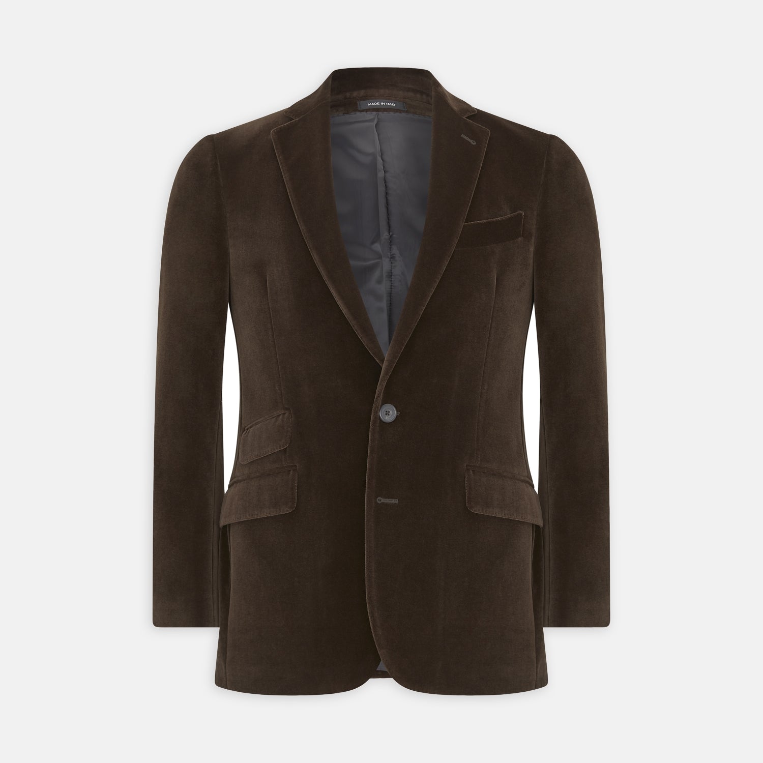 View 1 of product The Turnbull & Asser Brown Velvet Jacket for men features a notched lapel, two buttons, flap pockets, and a chest pocket, shown against a plain white background.