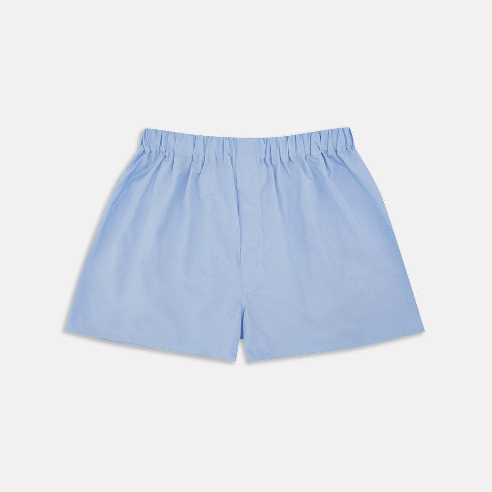 Turnbull & Asser's Plain Blue Cotton Boxer Shorts, shown flat against a white background, feature an elastic waistband—a stylish choice in men's underwear.