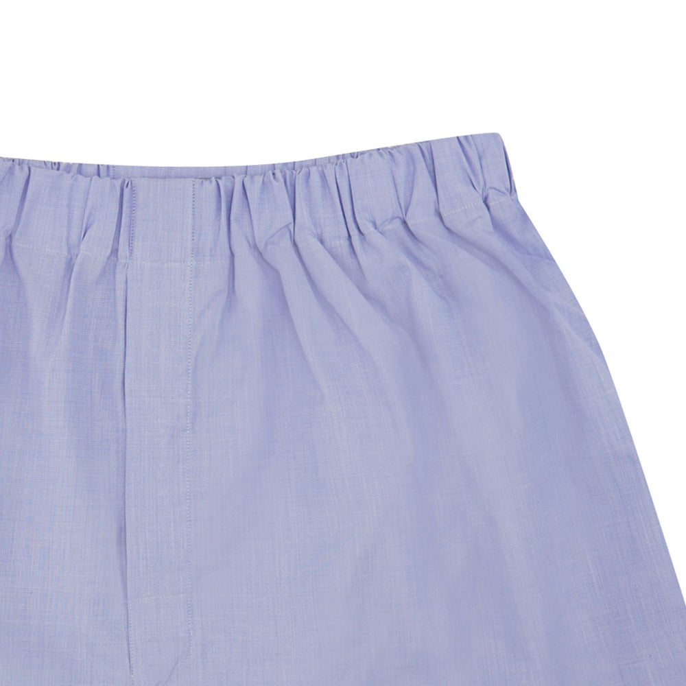 Turnbull & Asser Blue End-On-End Cotton Boxer Shorts with an elastic waistband, shown flat on a plain white background.