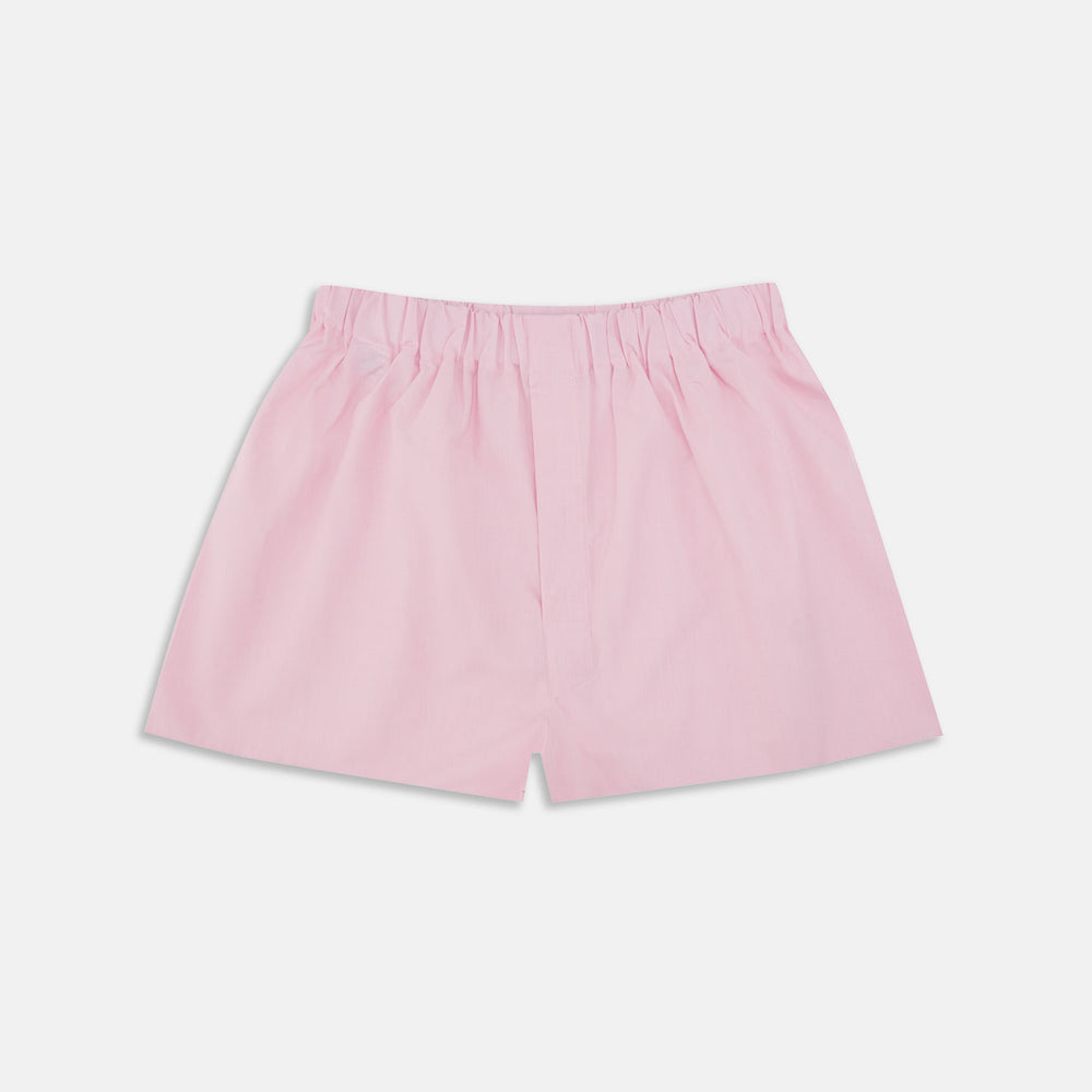 The Turnbull & Asser Pink End-On-End Cotton Boxer Shorts feature a light pink hue, elasticated waistband, and relaxed fit, shown against a plain white background.