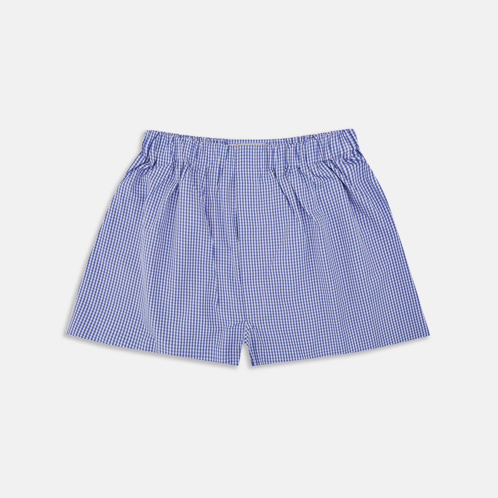 Turnbull & Asser's Mid-Blue Gingham Cotton Boxer Shorts feature an elastic waistband and soft cotton for comfort—luxury men's underwear, shown laid flat on a white background.