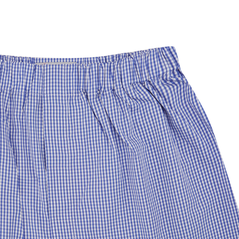 Turnbull & Asser's Mid-Blue Gingham Cotton Boxer Shorts feature an elastic waistband and soft cotton for comfort—luxury men's underwear, shown laid flat on a white background.