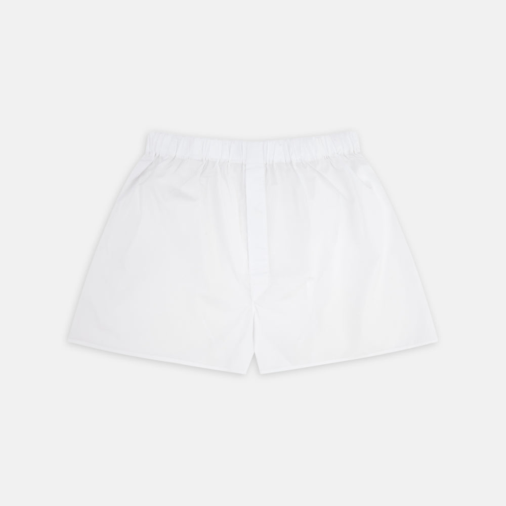 The Turnbull & Asser White Two-Fold 200 Cotton Boxer Shorts feature an elastic waistband and are crafted for superior breathability, shown flat on a plain light background.