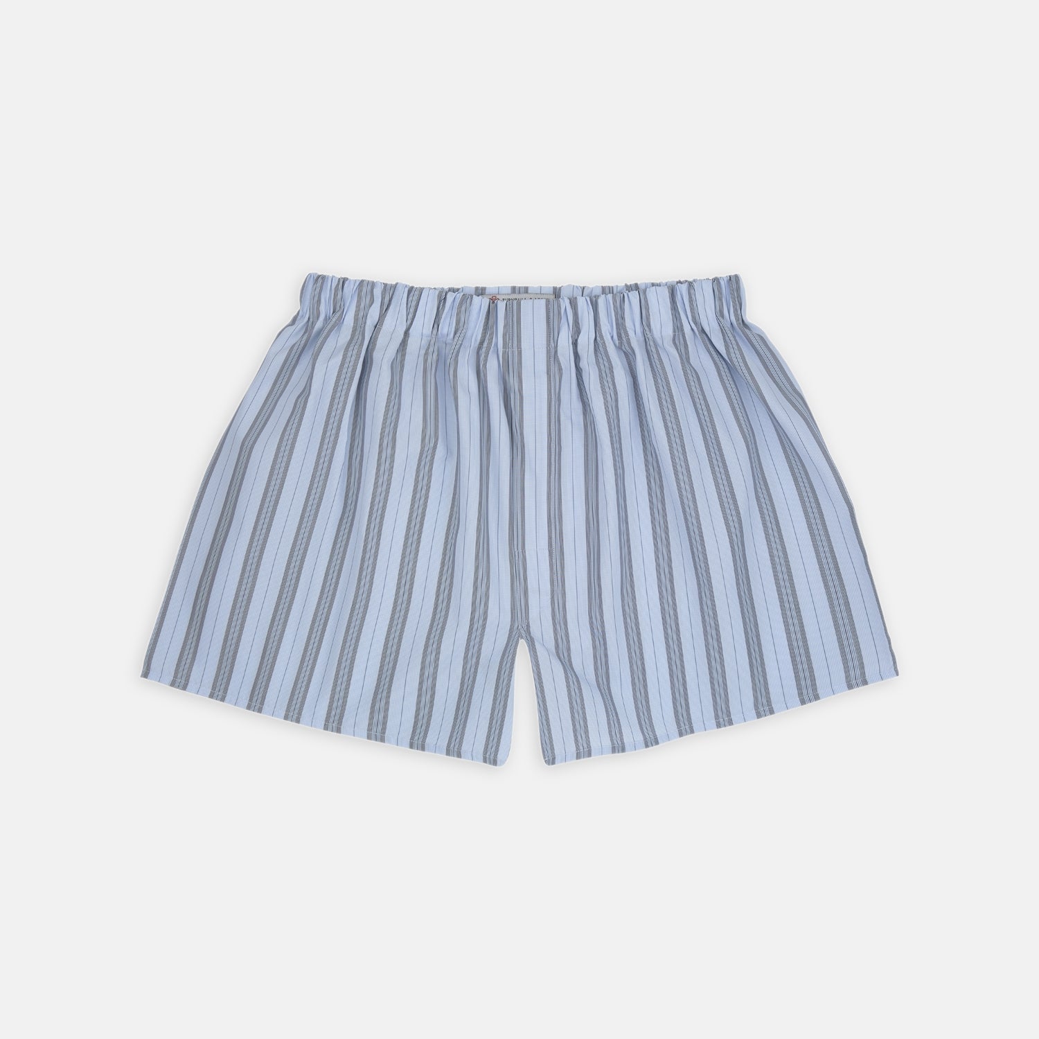 View 1 of product Grey, turquoise, and sky blue mixed stripe cotton boxer shorts by Turnbull & Asser feature an elastic waistband for comfort—a stylish upgrade to men’s underwear collections. Displayed flat on a plain white background.