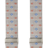 View 2 of product Turnbull & Asser’s Dove Grey Floral Silk and Linen Adjustable Braces feature blue and red flowers, black leather ends, and silver adjusters—an elegant choice to add flair to your summer suit.