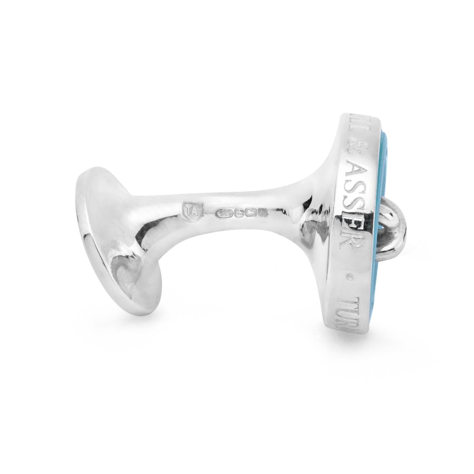 View 3 of product Turnbull & Asser Monogrammed Blue Sterling Silver Mother-of-Pearl Button Cufflinks, styled to resemble blue four-hole buttons, shown on a white background.