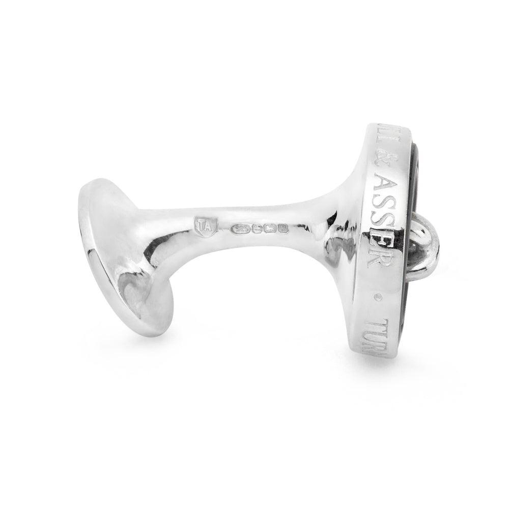 Turnbull & Asser's Smoke Sterling Silver Mother-of-Pearl Button Cufflinks feature a round, button-inspired design with a dark iridescent center and four holes, showcasing British style against a plain white background.