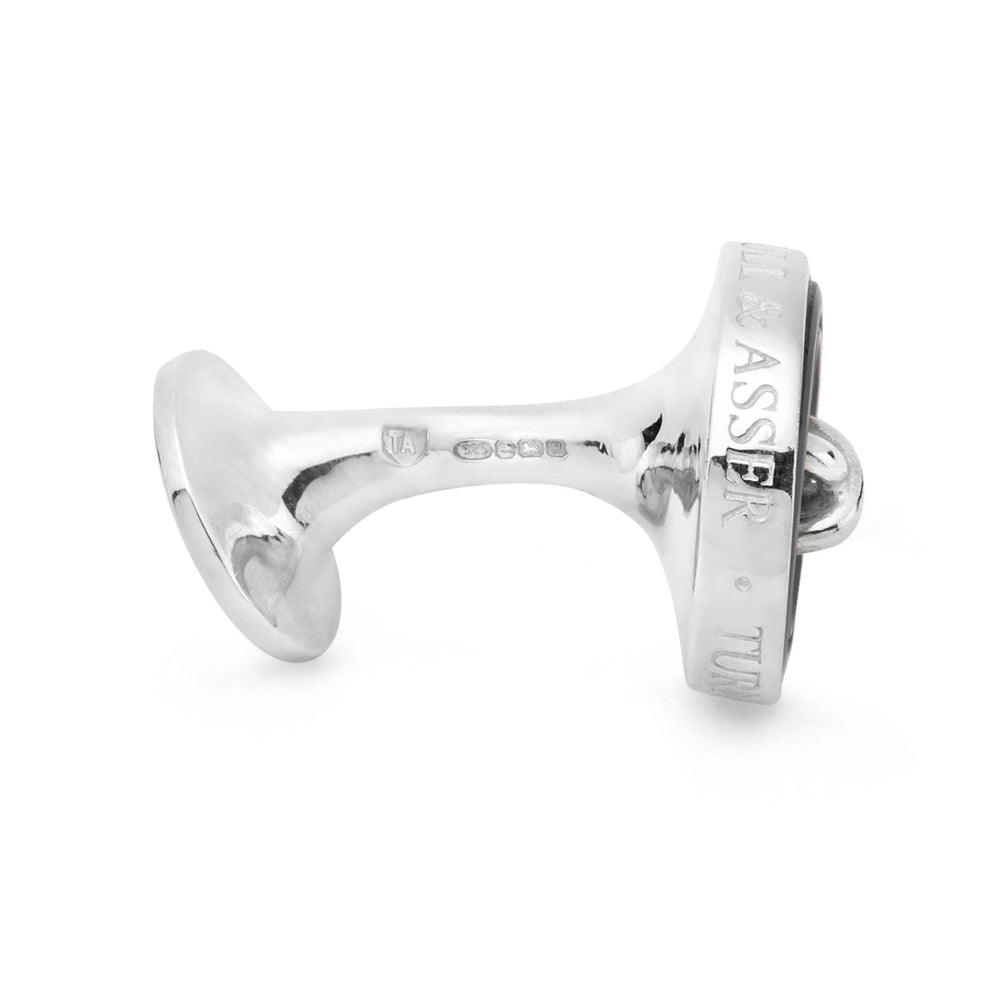 Turnbull & Asser Monogrammed Smoke Sterling Silver Mother-of-Pearl Button Cufflinks feature round, button-shaped design with a black and gray iridescent center and a four-hole pattern.