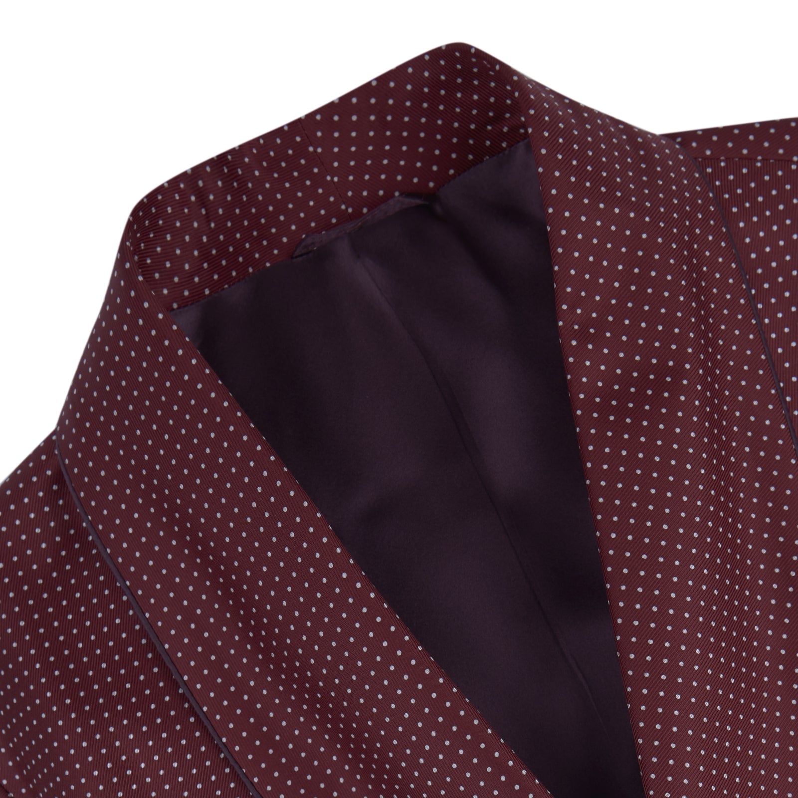 View 6 of product The Turnbull & Asser Burgundy Piped Silk Spot Gown features small white polka dots, a shawl collar, fabric belt, and chest pocket—luxurious nightwear and a stylish men’s statement piece—shown on a white background.