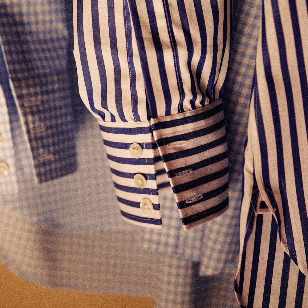 Blue and White Wide Stripe Shirt with T&A Collar and 3-Button Cuffs