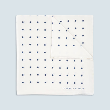 White and Navy Spot Silk Pocket Square