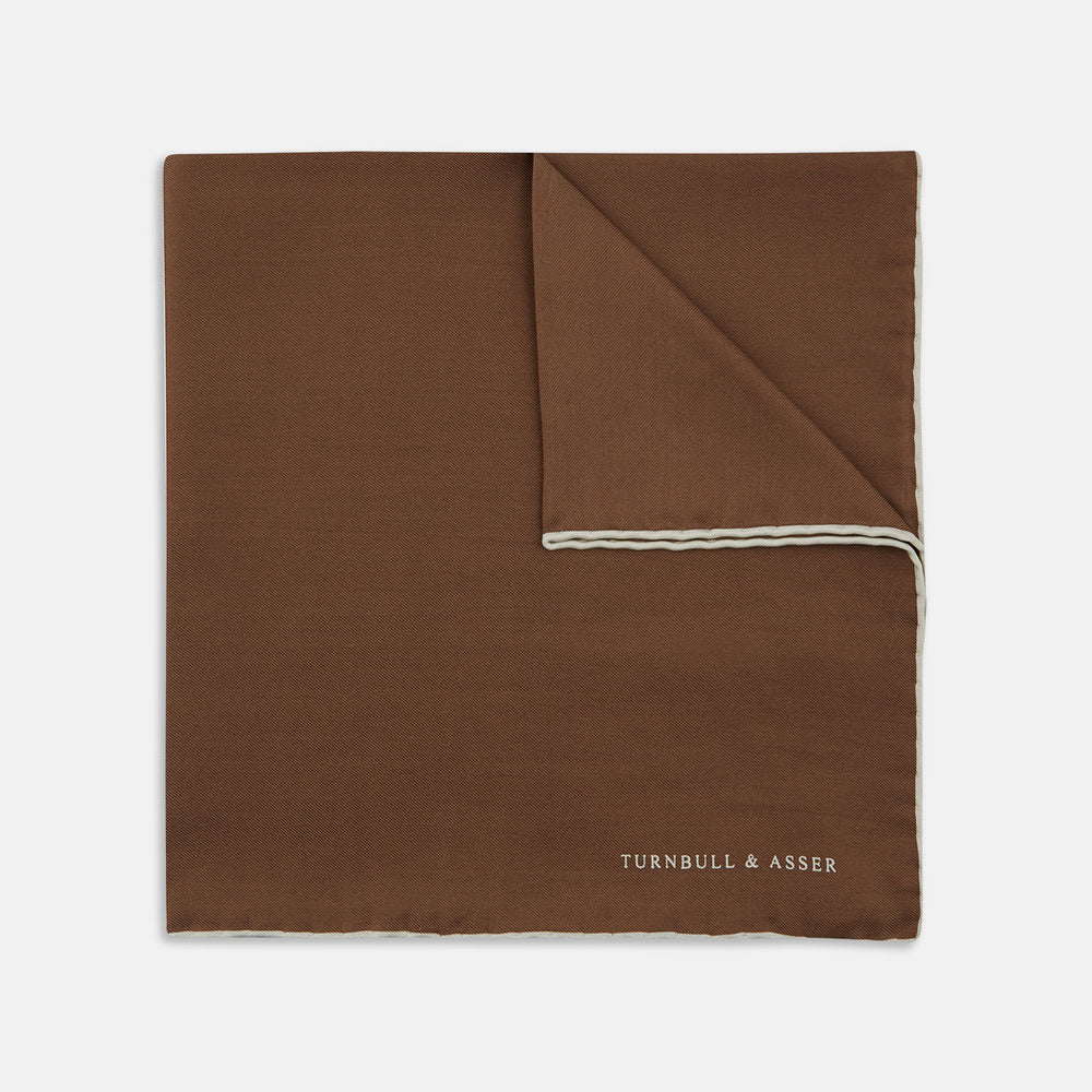 Brown and White Piped Silk Pocket Square