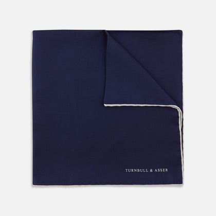 Navy and White Piped Silk Pocket Square